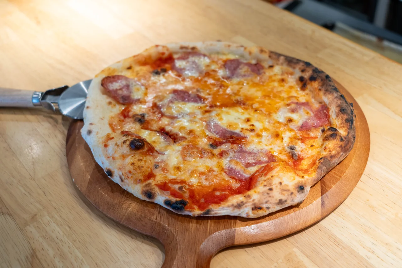 Freshly baked pizza topped with salami and cheese